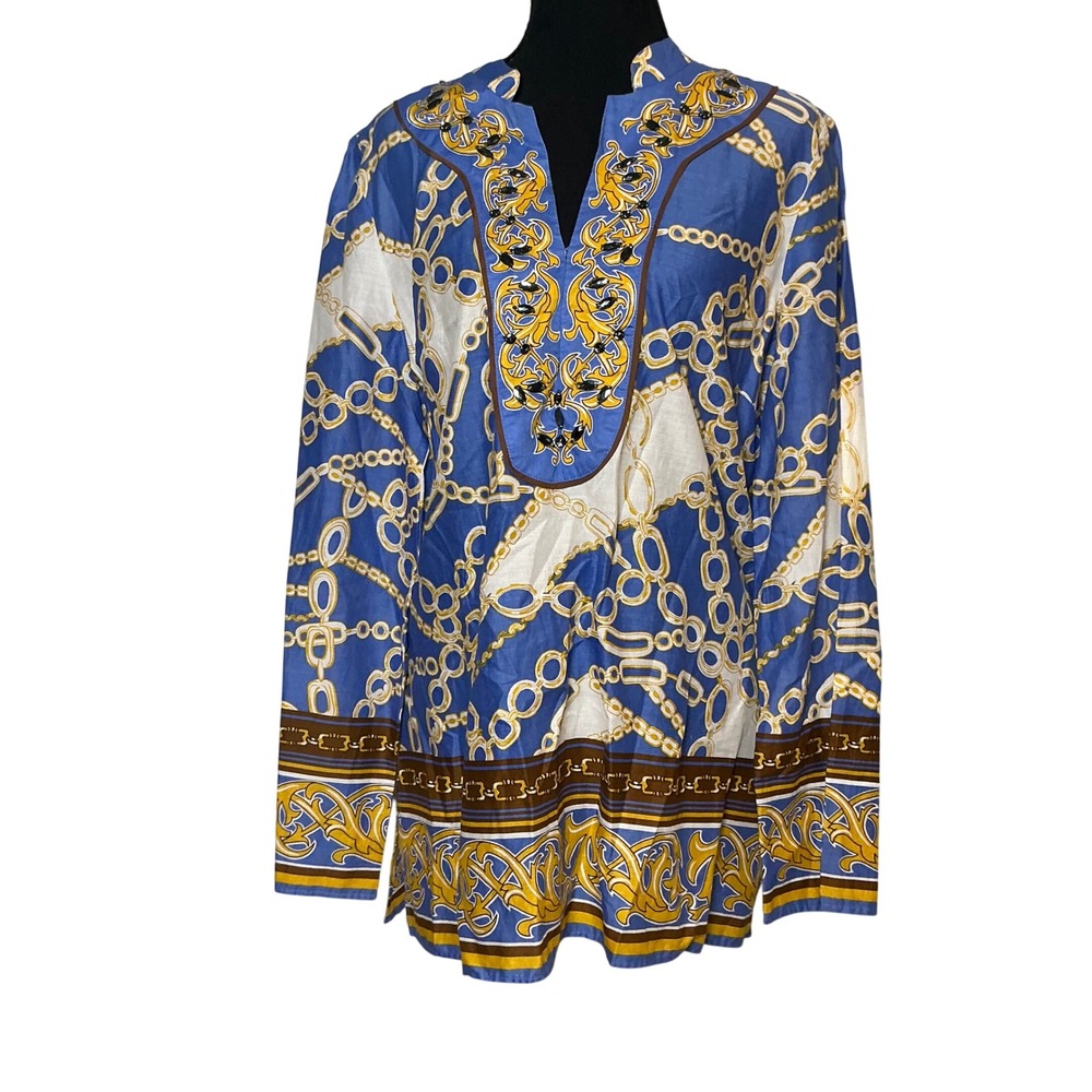 Embellished Blue Gold Chain Print V-Neck Cotton Tunic Top Large Charter Club